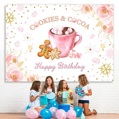Lofaris Cookie and Cocoa Happy Birthday Pink Floral Backdrop for Party
