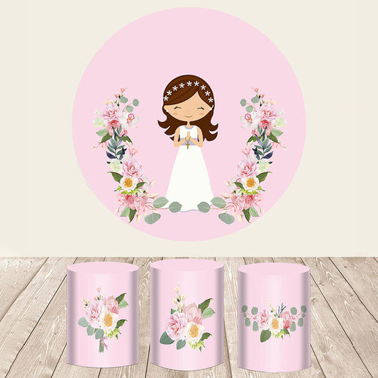 Lofaris Pink Floral With Happy Girl Wedding Round Backdrop Kit
