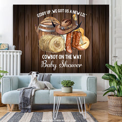 Lofaris Cow Boy Is On The Way Brown Wood Baby Shower Backdrop