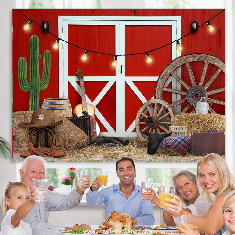 Lofaris Cowboy Fram With Red Door Theme Happy Birthday Backdrop