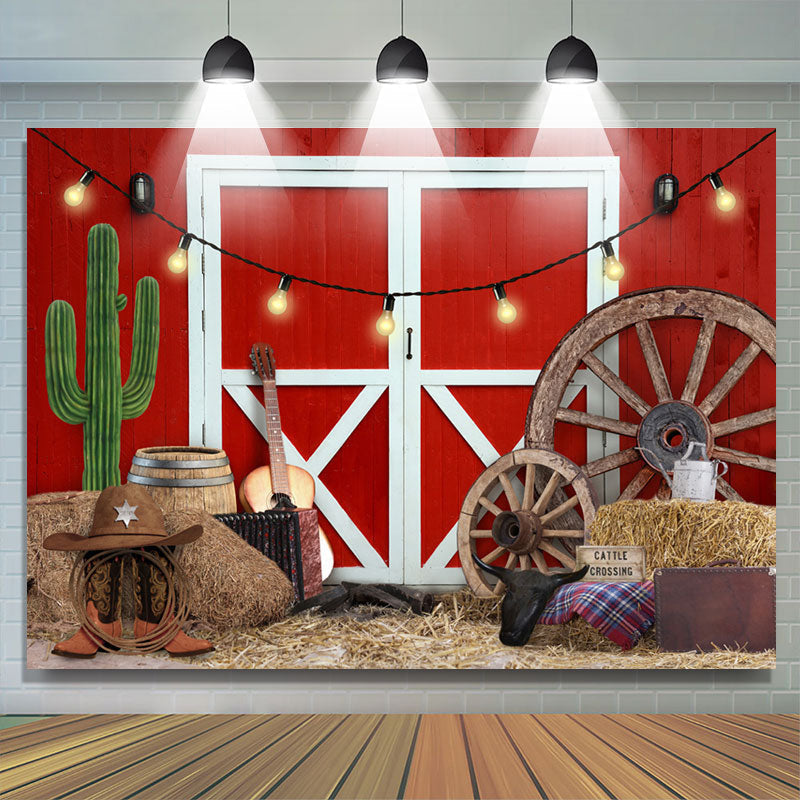 Lofaris Cowboy Fram With Red Door Theme Happy Birthday Backdrop