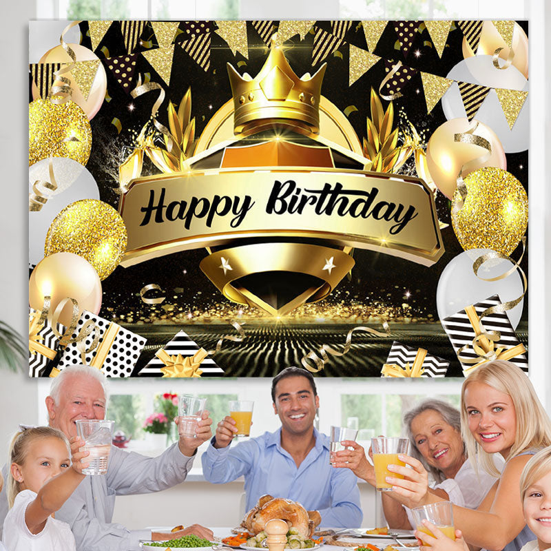 Lofaris Crown Black and Gold Balloon Happy Birthday Backdrop