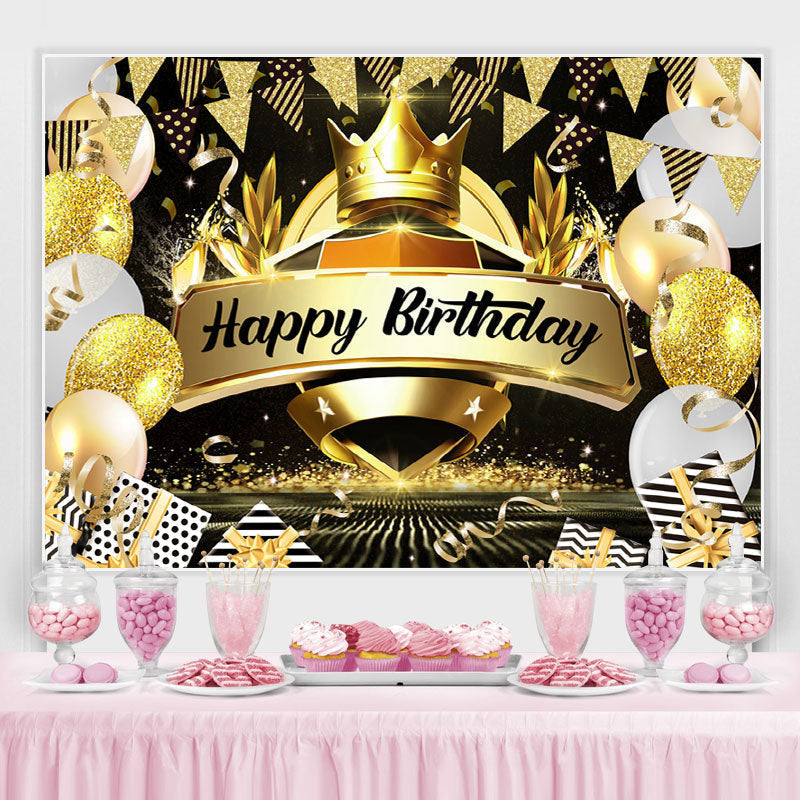 Lofaris Crown Black and Gold Balloon Happy Birthday Backdrop