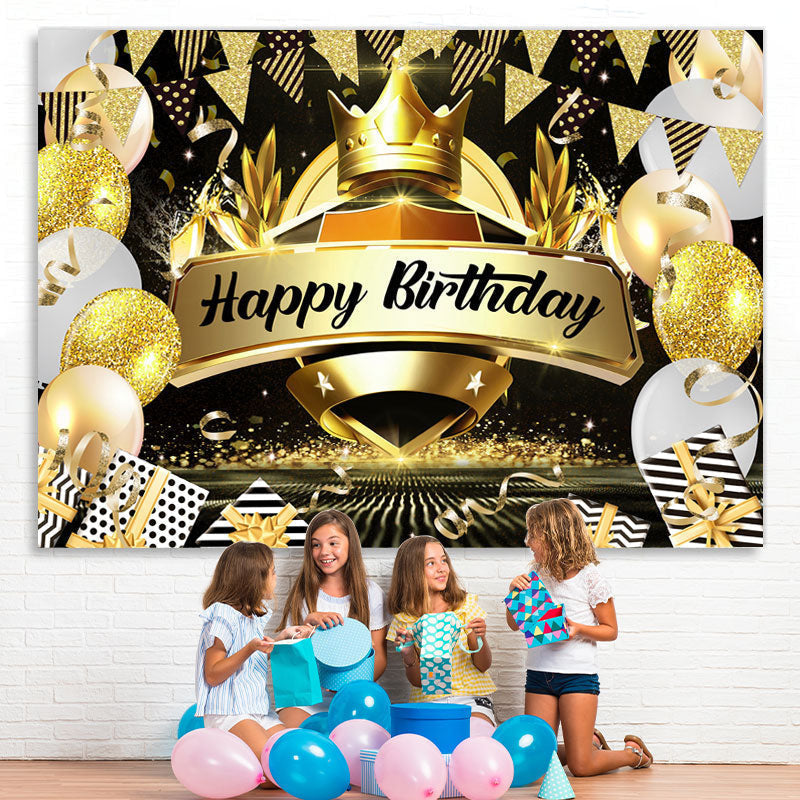 Lofaris Crown Black and Gold Balloon Happy Birthday Backdrop