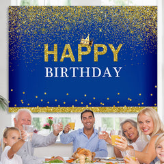 Lofaris Crown Happy Birthday Royal Blue Gold Glitter Backdrop for Men