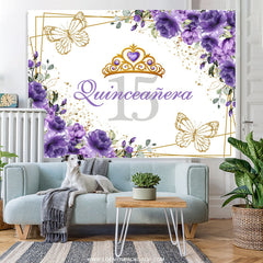 Lofaris Crown Purple Gold Floral 15th Birthday Backdrop For Girl