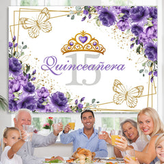 Lofaris Crown Purple Gold Floral 15th Birthday Backdrop For Girl