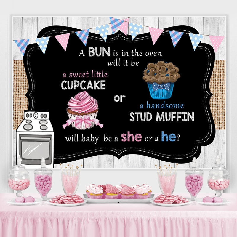 Cupcake Or Stud Muffin Gender Reveal Backdrop for Baby Shower Lofaris