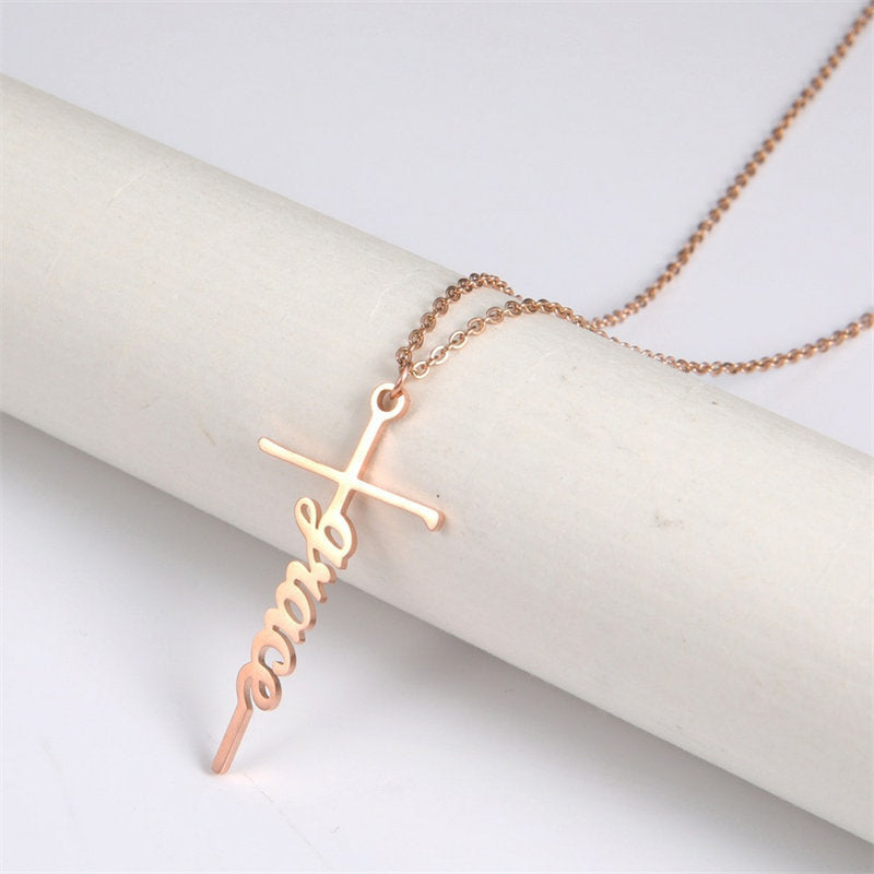 Lofaris Custom 18k Gold Plated Gothic Cross Name Necklace