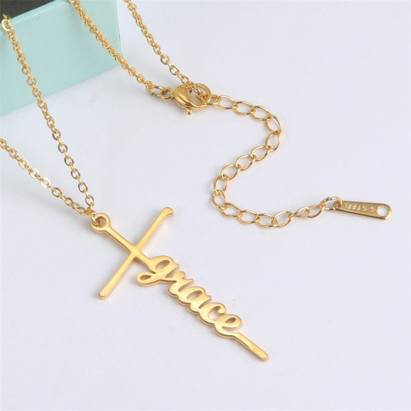Lofaris Custom 18k Gold Plated Gothic Cross Name Necklace