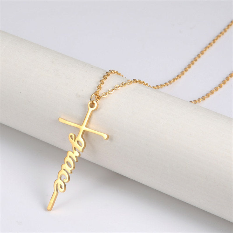 Lofaris Custom 18k Gold Plated Gothic Cross Name Necklace