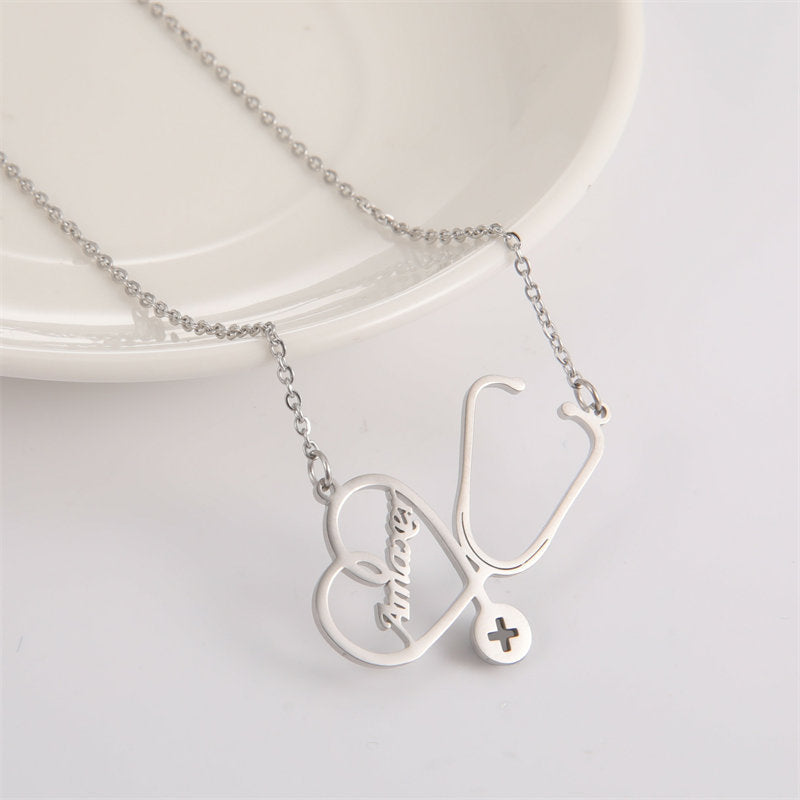 Lofaris Custom Heart Shaped Stethoscope 18k Gold Plated Name Necklace