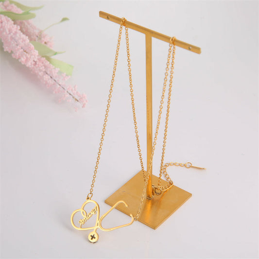 Lofaris Custom Heart Shaped Stethoscope 18k Gold Plated Name Necklace