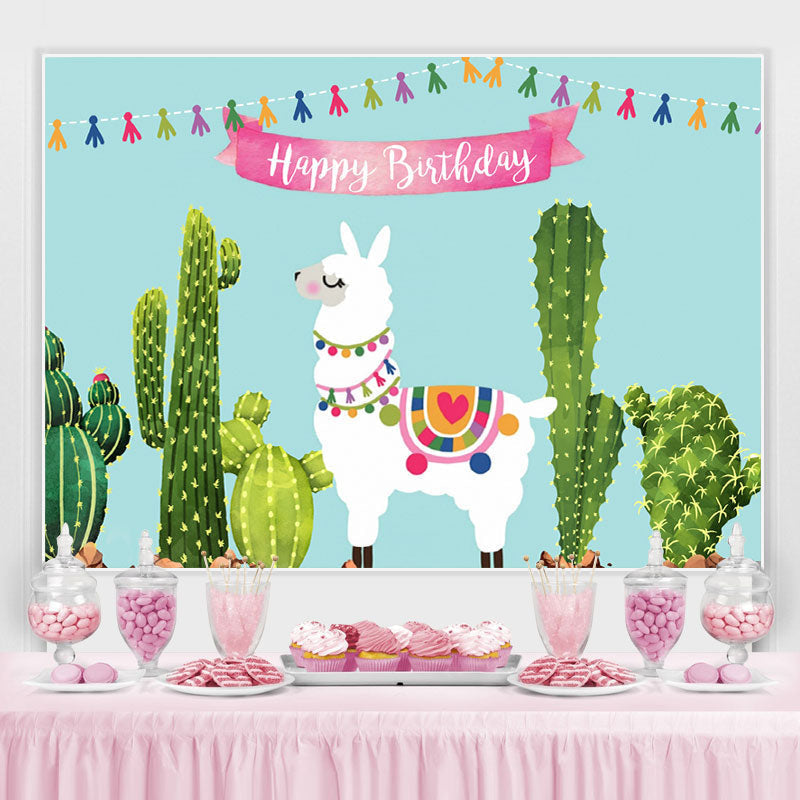 Lofaris Cute Alpaca And Cactus Happy Birthday Party Backdrop