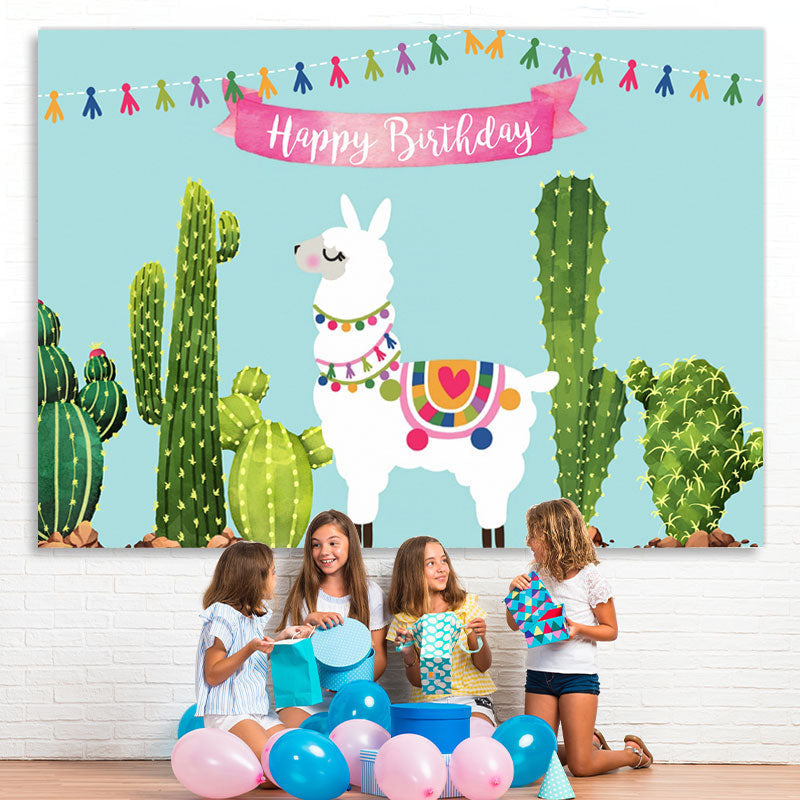 Lofaris Cute Alpaca And Cactus Happy Birthday Party Backdrop