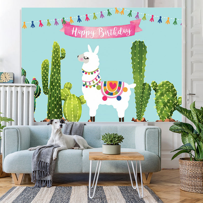Lofaris Cute Alpaca And Cactus Happy Birthday Party Backdrop