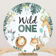 Lofaris Cute Animals And Leaves Round Blue 1st Birthday Backdrop