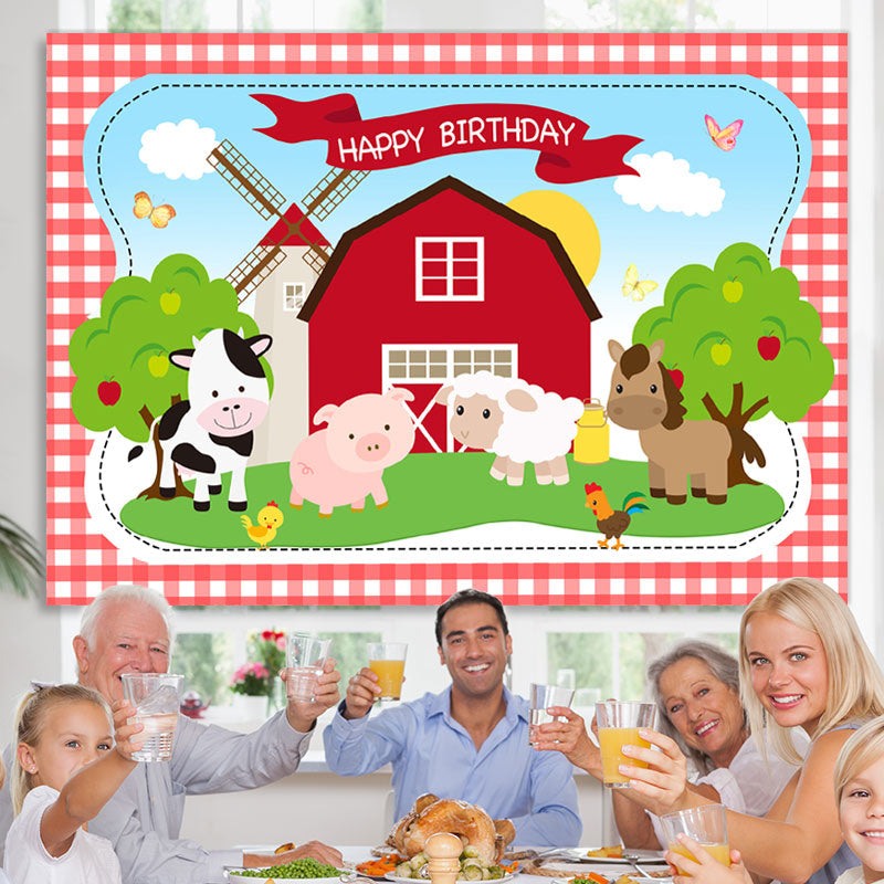 Lofaris Cute Animals And Red House Happy Birthday Backdrop