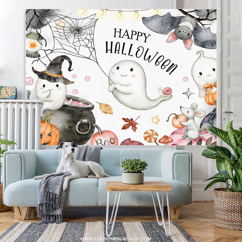 Lofaris Cute Boo And Bat Happy Halloween Pumking Theme Backdrop