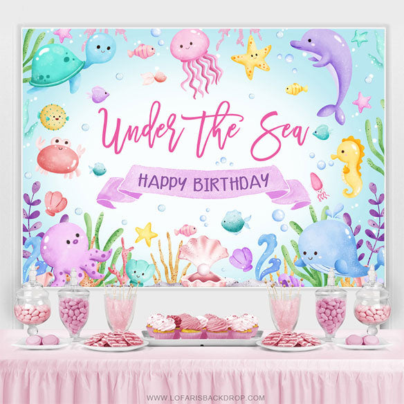 Lofaris Cute Marine Animal Blue Sea Happy Birthday Backdrop