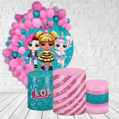 Lofaris Cyan And Pink Glitter Pop Dolls Round Birthday Backdrop Kit