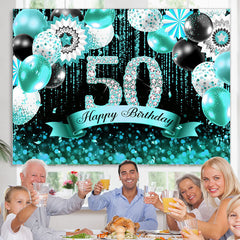 Lofaris Cyan Balloons Bokeh Glitter Happy 50th Birthday Backdrop