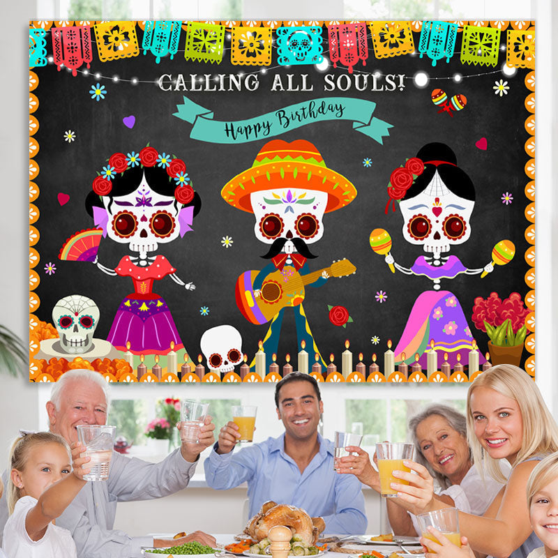 Lofaris Dancing Skeleton Mexican Fiesta Happy Birthday Backdrop