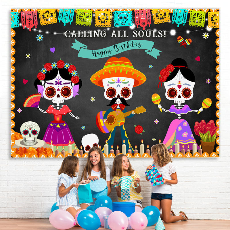 Lofaris Dancing Skeleton Mexican Fiesta Happy Birthday Backdrop
