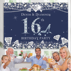 Lofaris Dark Blue Denim and Diamonds 16Th Birthday Backdrop