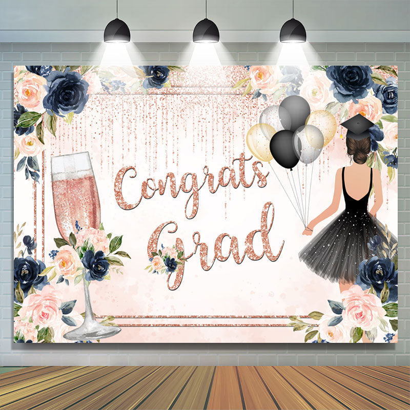 Lofaris Dark Blue Floral Pink Glitter Congrats Grad Backdrop