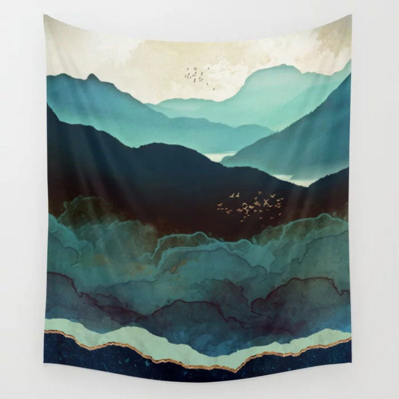 Lofaris Dark Green Mountain Painting Style Family Wall Tapestry