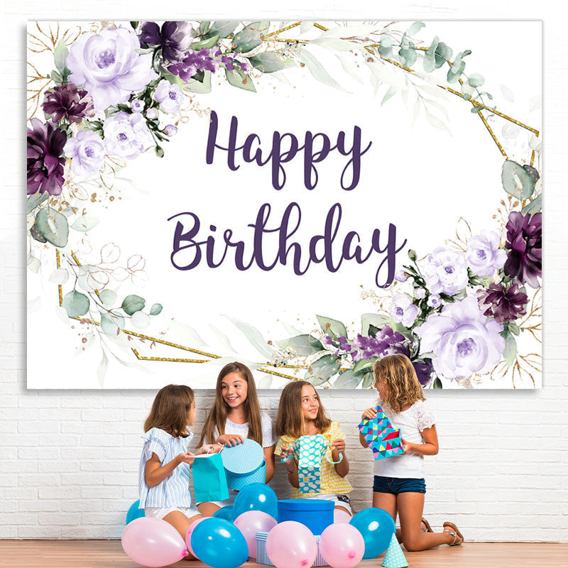 Lofaris Dark Purple Flowers Glitter Happy Birthday Backdrop