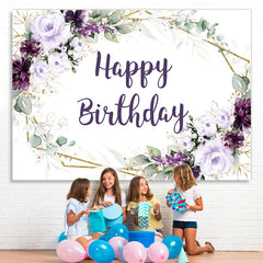 Lofaris Dark Purple Flowers Glitter Happy Birthday Backdrop