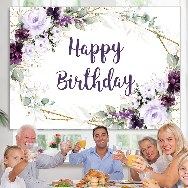 Lofaris Dark Purple Flowers Glitter Happy Birthday Backdrop