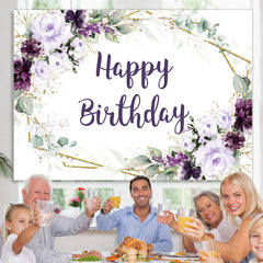 Lofaris Dark Purple Flowers Glitter Happy Birthday Backdrop