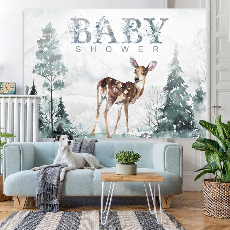 Lofaris Deer in Snow and Mountain Baby Shower Backdrop