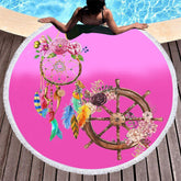 Lofaris Dreamcatcher Helm Pink Round Beach Towel With Fringe