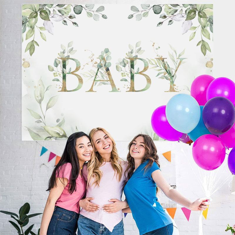 Lofaris Elegant Light Green Plant and Gold Baby Shower Backdrop