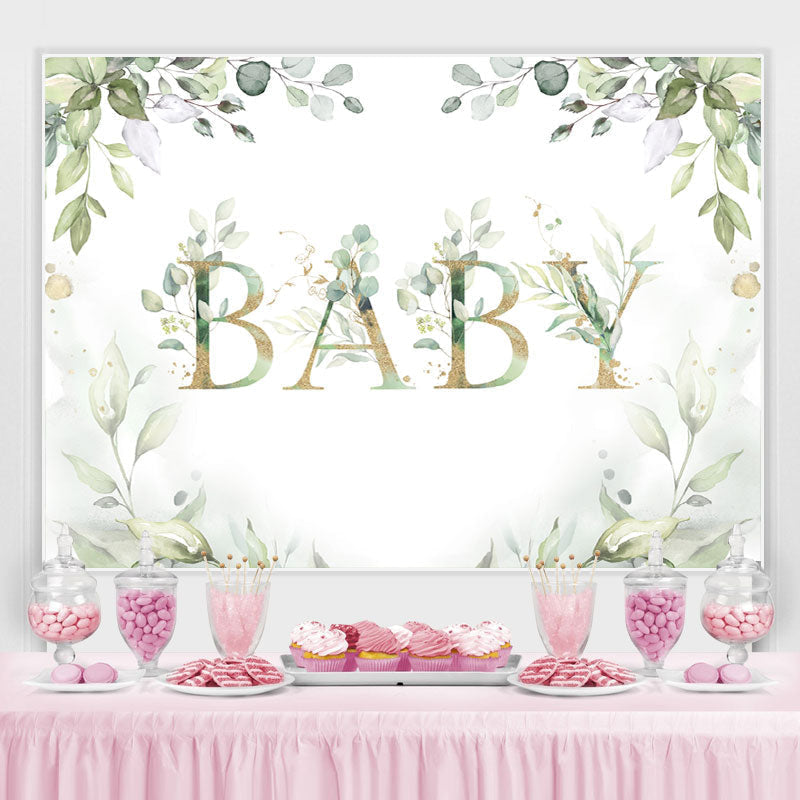 Lofaris Elegant Light Green Plant and Gold Baby Shower Backdrop