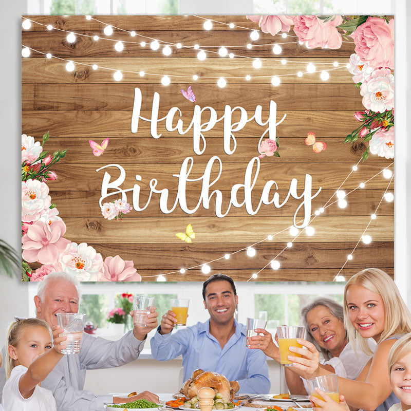 Lofaris Elegant Wooden Pink Floral Happy Birthday Backdrop