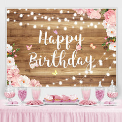 Lofaris Elegant Wooden Pink Floral Happy Birthday Backdrop