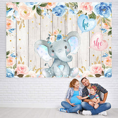 Lofaris Elephant And Floral Wooden Baby Shower Backdrop For Boy