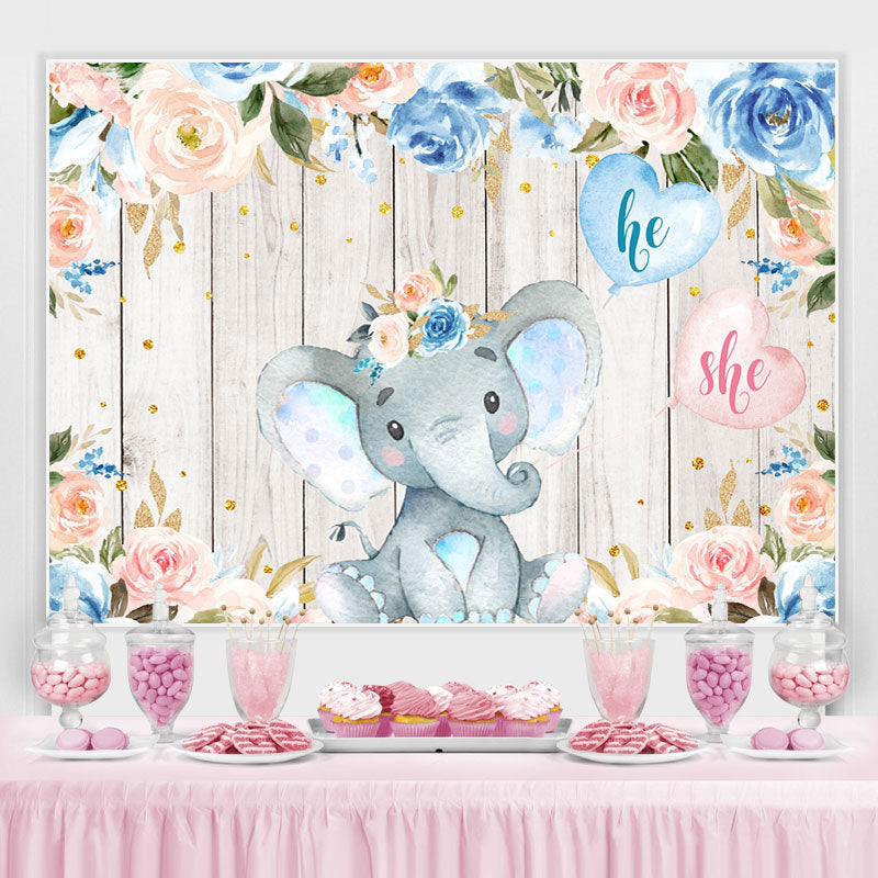 Lofaris Elephant And Floral Wooden Baby Shower Backdrop For Boy