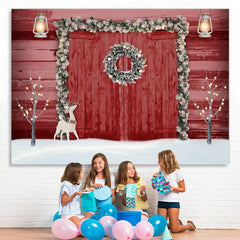 Lofaris Elk With Red Wood Door Christmas Party Theme Backdrop