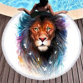 Lofaris Fantasy Lion Butterflies White Round Beach Towel