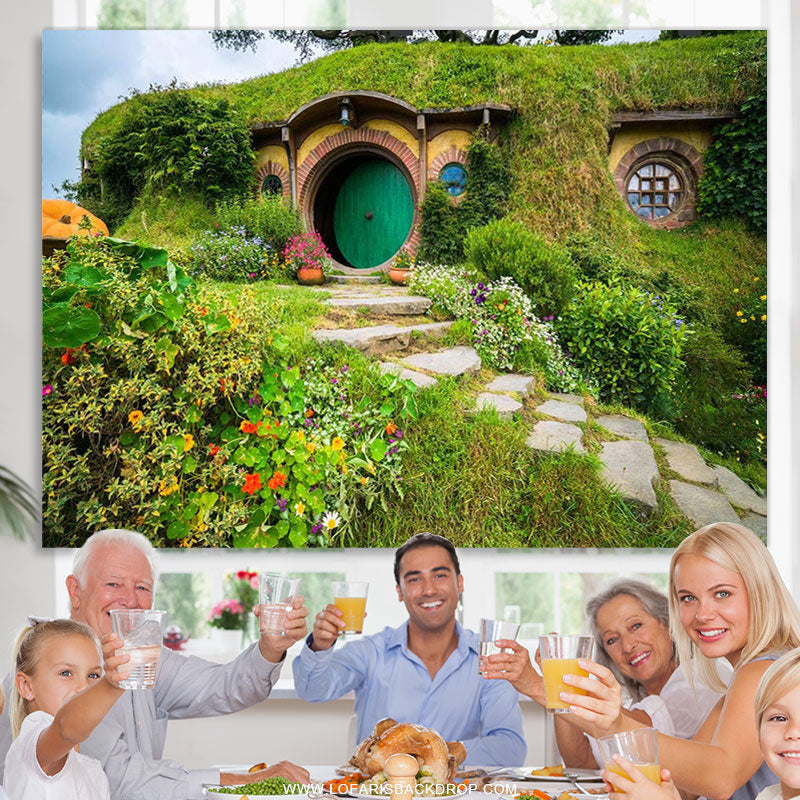 Lofaris Fantasy Rural Green Cabin Spring Birthday Backdrop