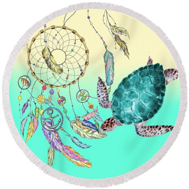 Lofaris Feather Catcher Turtle Circle Beach Towel With Fringe