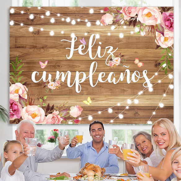 Lofaris Feliz Cumpleanos Floral Wooden Happy Birthday Backdrop