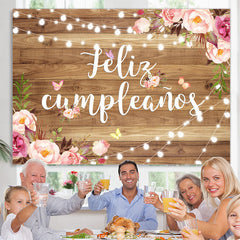 Lofaris Feliz Cumpleanos Floral Wooden Happy Birthday Backdrop
