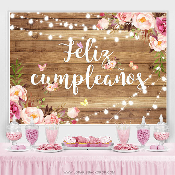 Lofaris Feliz Cumpleanos Floral Wooden Happy Birthday Backdrop